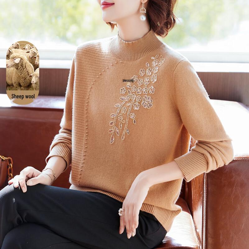

Women s 100% Merino Wool Embroidered Half-High Collar Sweater 2XL