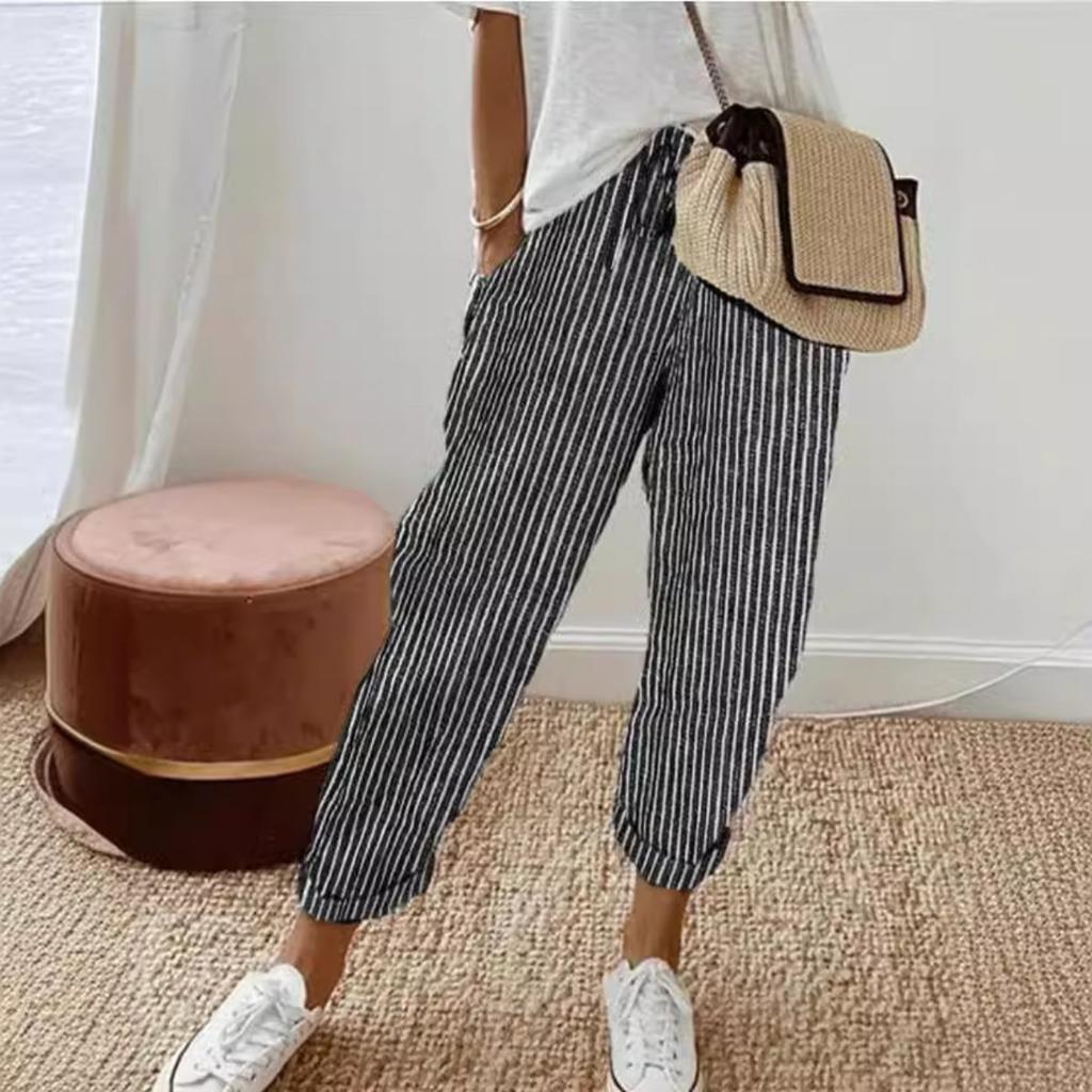 Pantaloni Casual a Righe da Donna Estivi, Pantaloni Larghi con Vita Elastica per il Commercio Estero