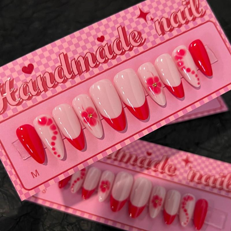 

Wearing Nail Plates French Red Solid Color Art Fake Nails Flower Patches S