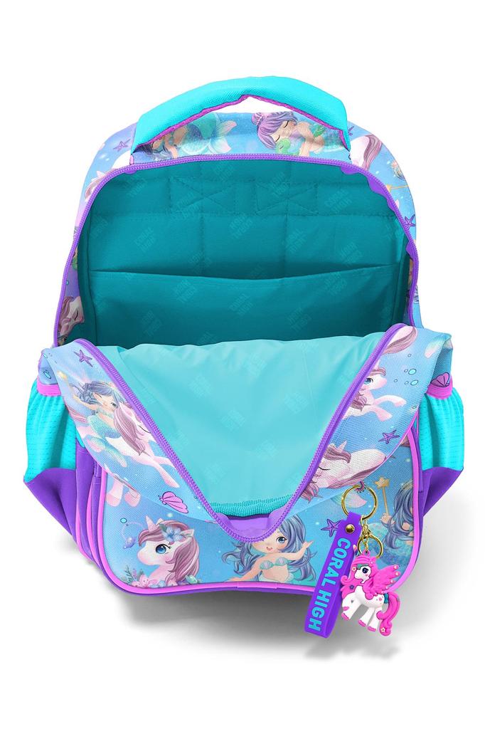 Coral High Kids Lila Rosa Einhorn Meerjungfrau Gemusterter Schulrucksack mit drei Fächern 23657