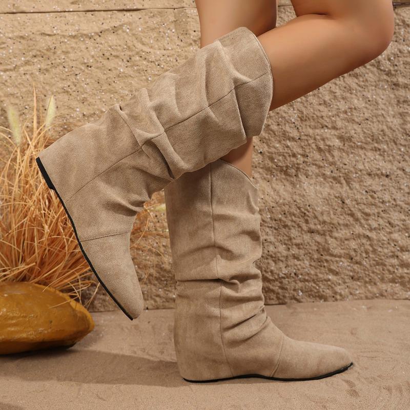 Inside Heightened Flat Single Shoes Autumn New Pointed Toe Suede Sleeve Suede Pleated Stack Boots