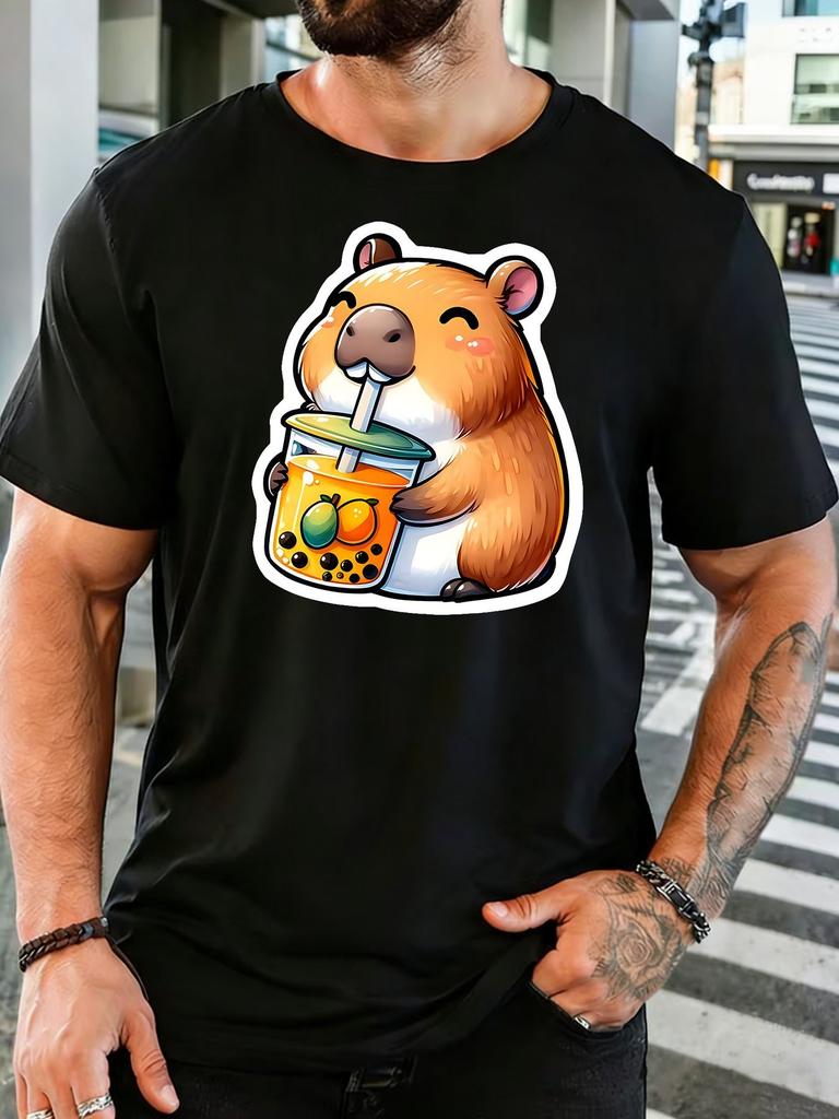 Smiling Cute Capybara With Orange Boba Tea Unisexs Cotton Crew Neck Tee Short Sleeve Casual Summer Loose Streetwear Daily Wear Top