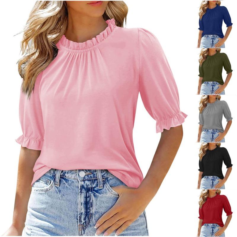 Women S Solid Color Round Neck Mid Sleeve Pleated Top