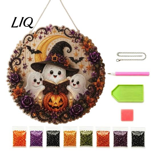Festive Window Hanging Decorations Halloween Ghost/Owl Diamond Art Ornament Kit, Easy Painting for Beginners Suncatcher, DIY Pendant Decor Craft Kits