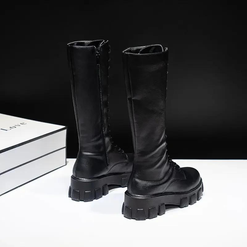 Fashion Long Women Boots Trendy Sexy Zipper Pu Leather Women Boot Designer Punk Work Boots for Lady Platform Thick Heel Motorcycle Boots