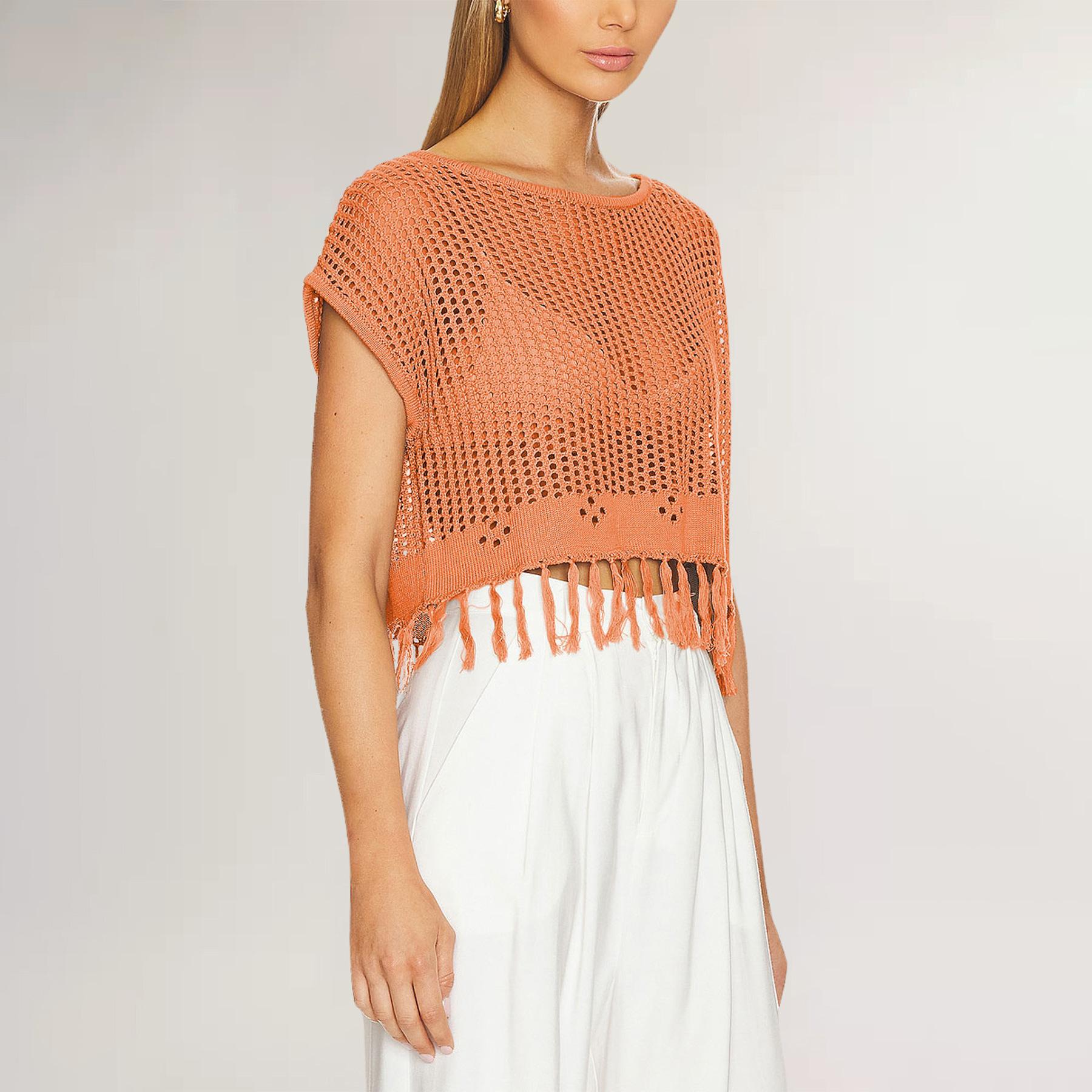 

QICED Летняя однотонная футболка, пляжный трикотажный топ с круглым вырезом XL оранжево-красный