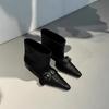 Designer Pointed Toe Metal Buckle Strap Short Boots for Female Women Thin High Heel New Leather Fabric Elegant Sexy Winter Shoes