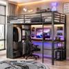 Cama Loft, 90 x 200 cm, Estrutura de Ferro, com Tira de LED, Secretária, Dupla Tomada com Porta USB e Tipo-C, 3 Prateleiras, Roupeiro Aberto, Sem Colchão, Preto