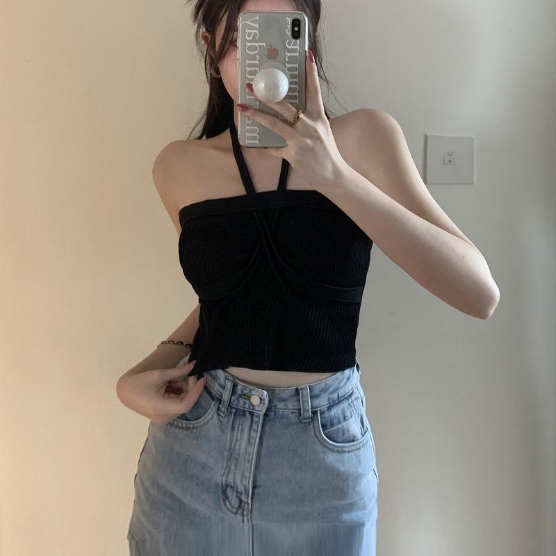 

Летний новый маленький подтяжки халтер шея сексуальный завязывающийся бандо спинки поверх топа носить горячая девушка короткий вязаный жилет One size