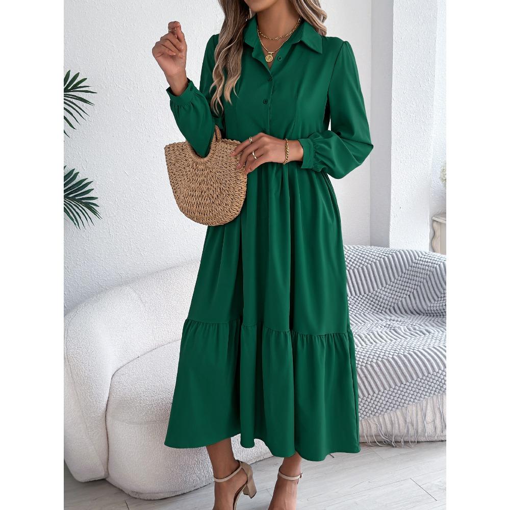 Women's Long Skirt Lapel Casual Loose Long Sleeve Ruffle Shirt Dress Fashion Dresses