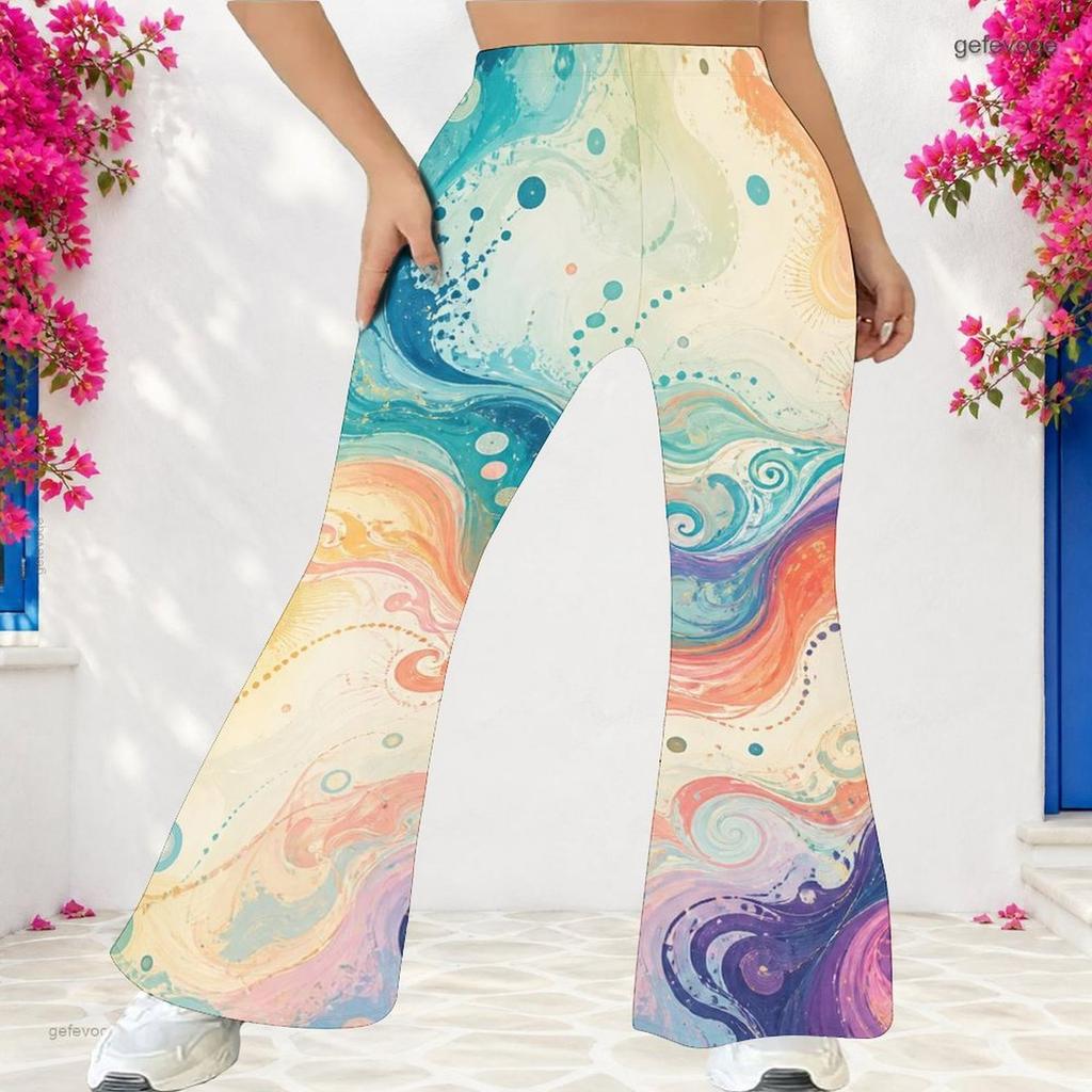 Women's Casual High Waist Flare Pants, Geometric Pattern Print Streetwear Bell Bottom Trousers