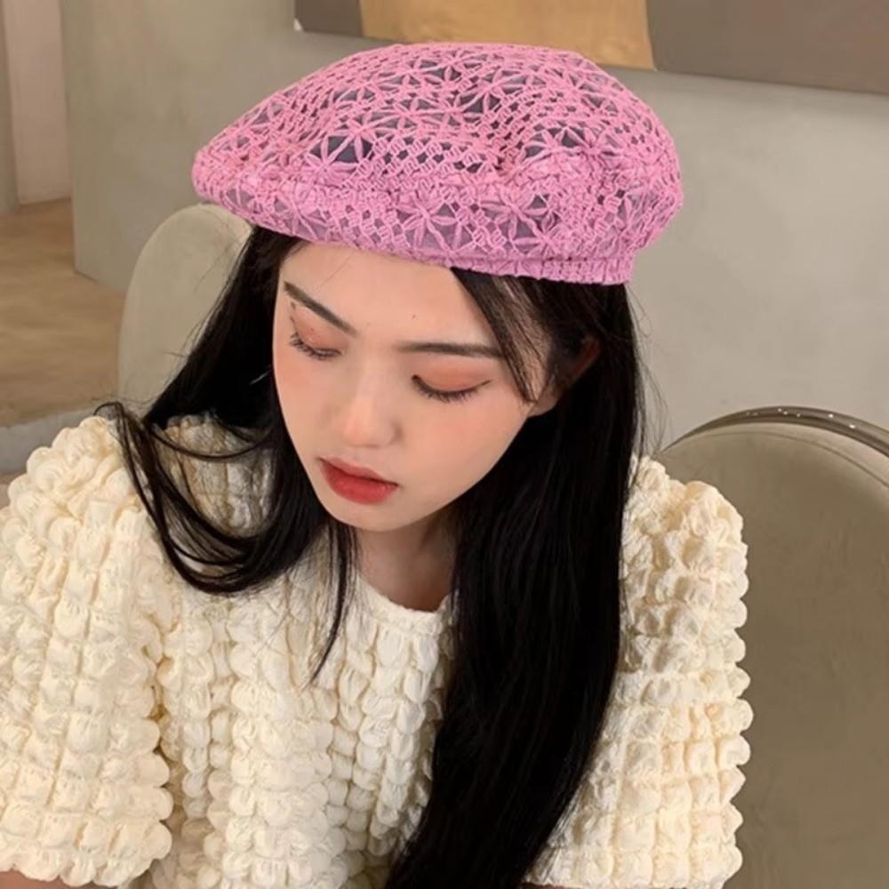 Fashion Multi Colored Lace Beret Hat Slouchy Summer Beanie Cap Breathable Cutout Floral Painter Hat For Women