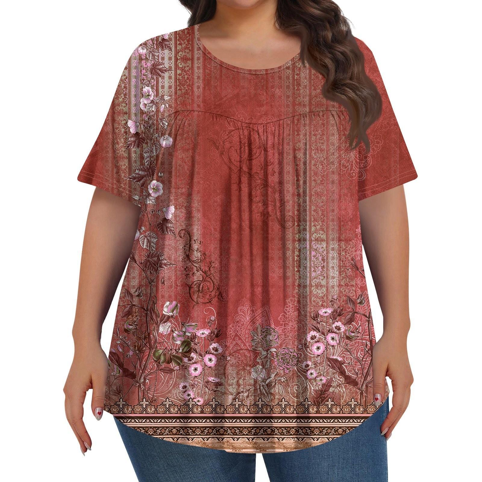 

Женская мода больших размеров, повседневный топ с короткими рукавами, винтажным цветочным принтом, круглым вырезом и складками спереди XXXL винный