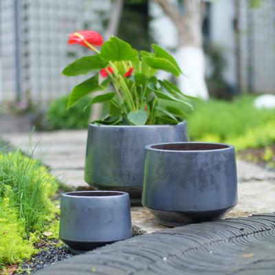 Handcrafted Ceramic Plant Pot Set 3-Piece (diameter 38/28/22 Cm), Matte Black Glaze, Frost-Resistant, Drainage Hole