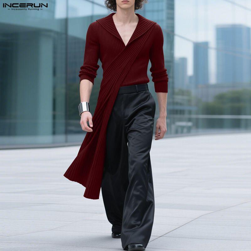 INCERUN Autumn Men Lapel V Neck Long Sleeve Long Layers Rib Casual Tops Pullovers
