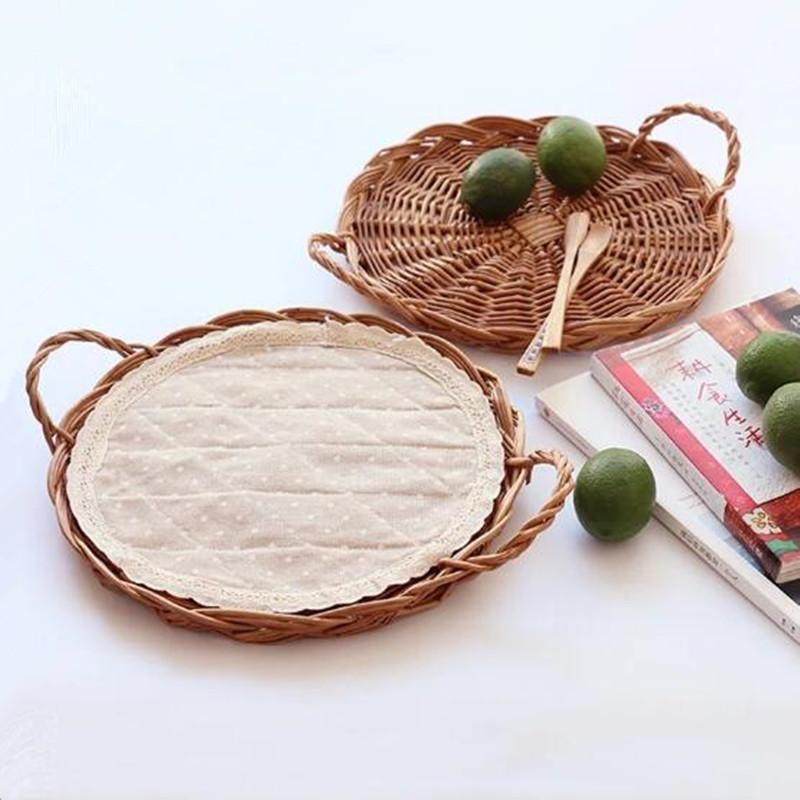 Handwoven Rattan Food Plate Kitchen Storage Wicker BreadBasket Dessert Cake Platter Dinner Serving Tray Round Ellipse Tea Trays