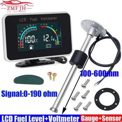 ZMFJH Digital Dual LCD Gauge 0-190 OHM Fuel Level Meter+Voltage with Flashing Alarm Oil Fuel Float Level Sensor 100-600mm