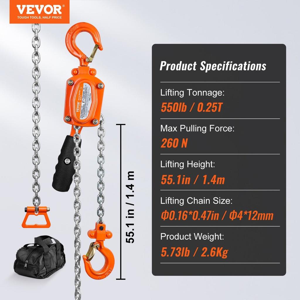Manual Lever Chain Hoist, 1/4 Ton 550 Lbs Capacity 5 FT Come Along, G80 Galvanized Carbon Steel with Weston Double-Pawl Brake, Auto Chain Leading &