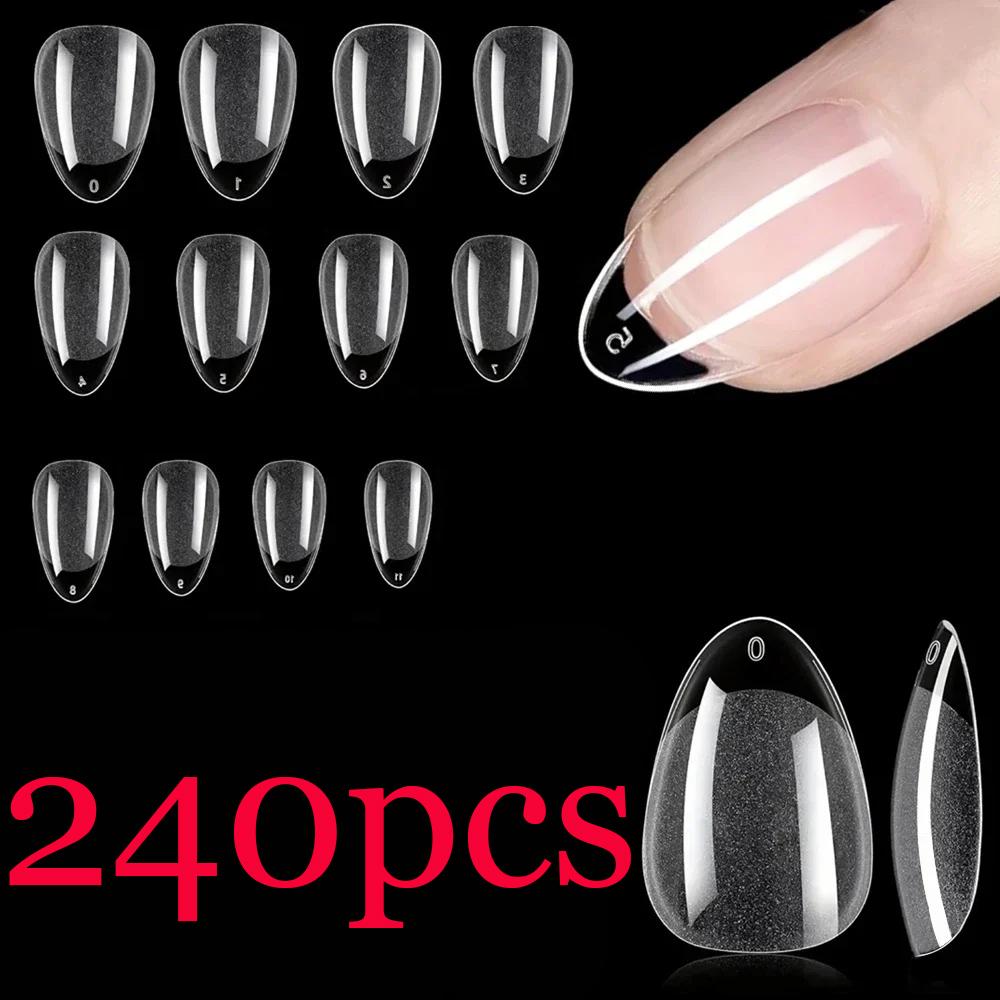 240PCS Short Almond Nail Tips Soft Gel Pre-Shaped Acrylic Nail Tips Half Matte Full Cover Nail Tips Clear Gelly Press On Nail