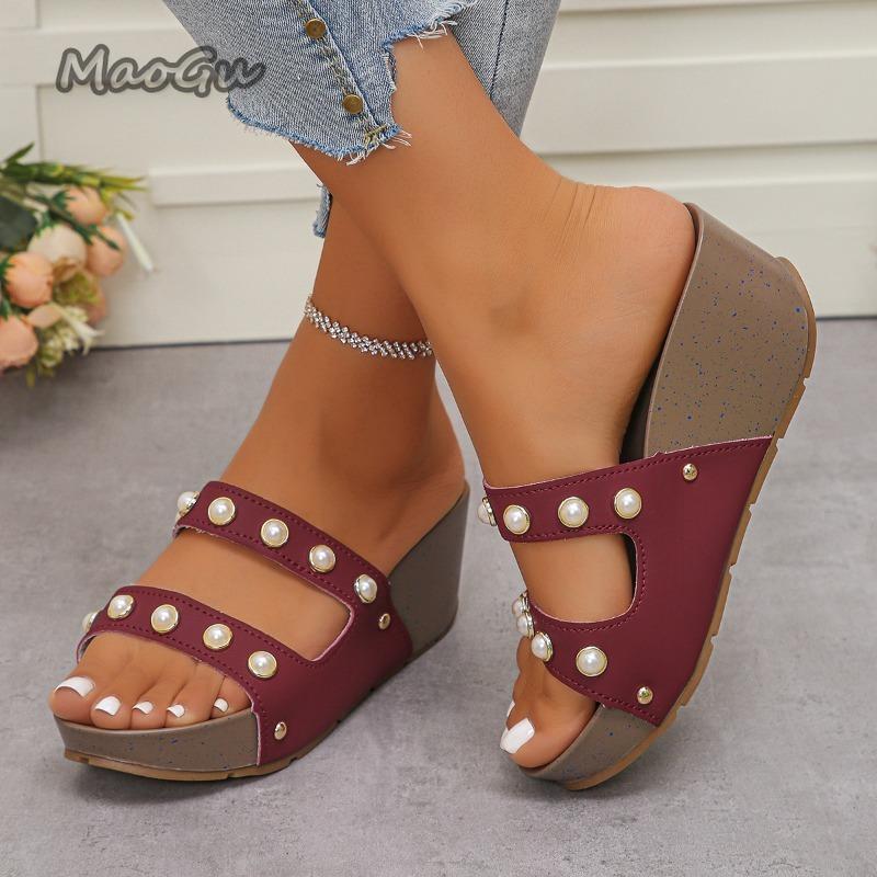 Fashion Women's Platform Open Toe Wedge Sandals Thick Sole Peep-Toe Summer Shoes Large Size43 Beaded Slip on Sandals Zapatos De Mujer