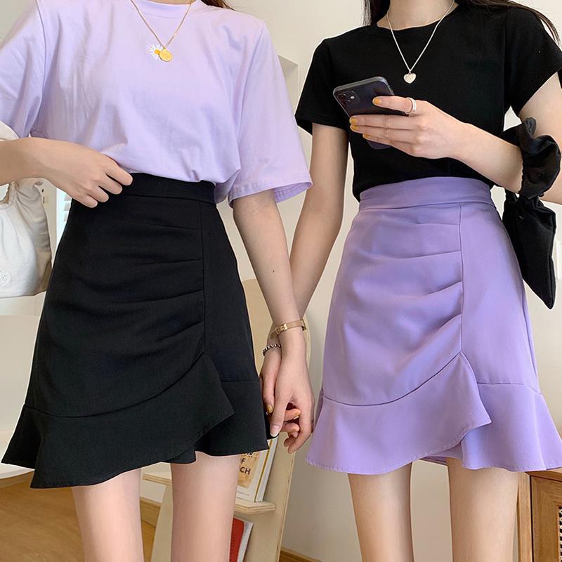 Irregular High Waist Skirts for Female Summer New Korean Fashion All-match Bag Hip A-Line Solid Color Ruffles Spliced Mini Skirt