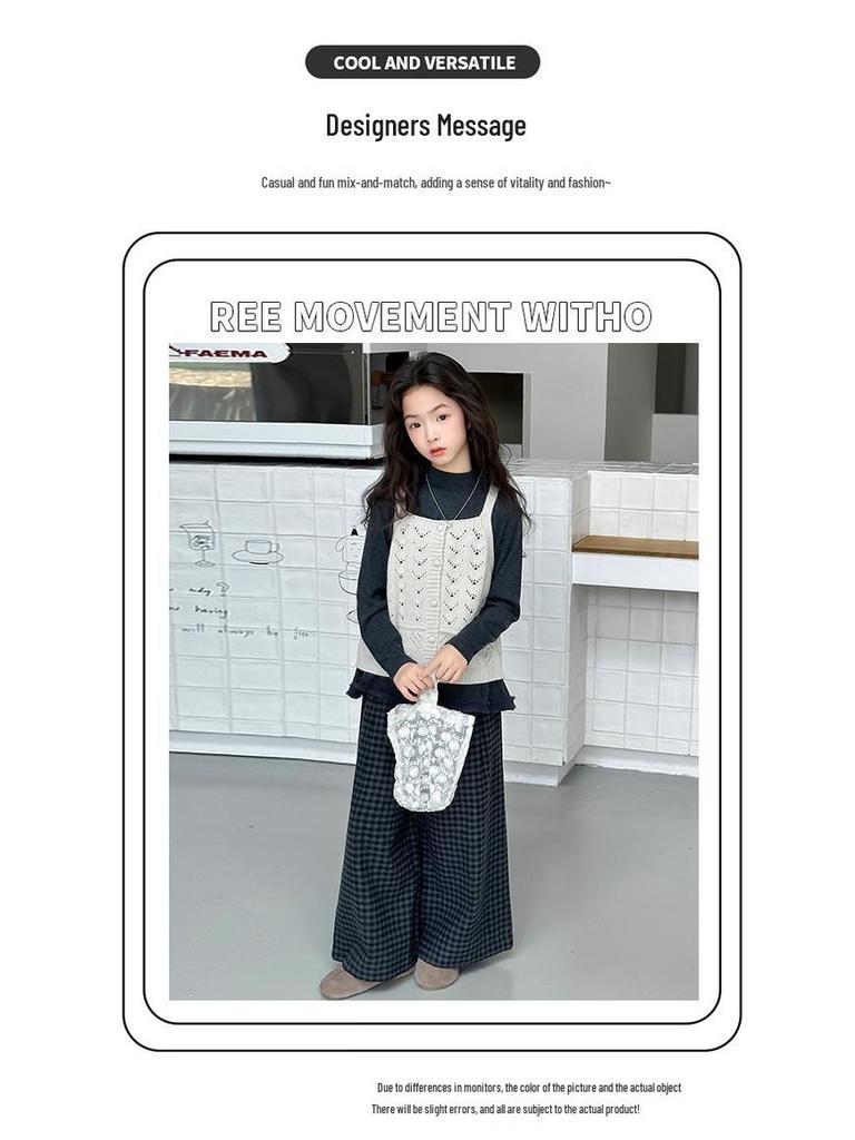 Girls' Plaid Wide-Leg Pants 3-Piece Set for Spring/Autumn 2025