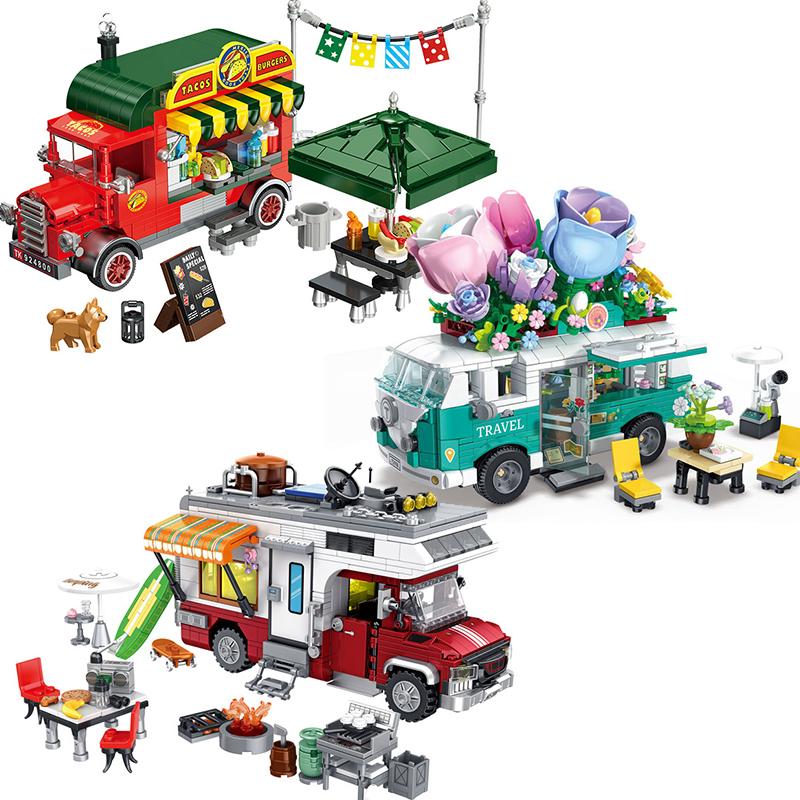 Camper Van Flower Bus Mexican Taco Car City Vehicle Street View Building Blocks Sets Racing MOC Creative Educational Toys Gift