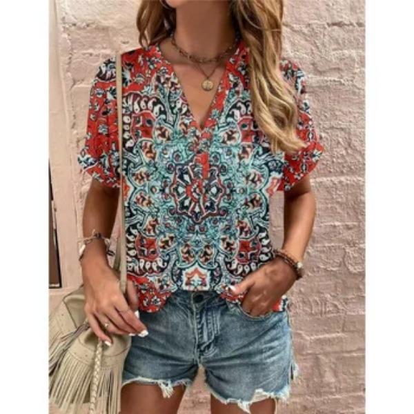 V-neck Bohemian Style 3D Printed T-shirt for Summer Round Neck Short Sleeved Casual Women's T-shirts