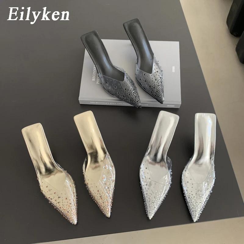 Fashion Eilyken Summer Gold Silver Women Slipper Fashion CRYSTAL Pointed Toe  Slip On Mules Thin High Heel Ladies Pumps Sandals