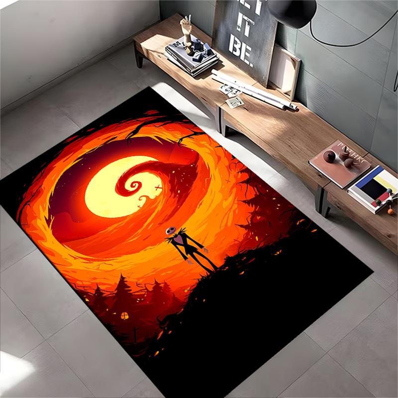 Movie Art Area Rug, Jack Skellington Nightmare Before Christmas Pumpkin Moon Spiral Hill Print, Halloween Decor, Non-Slip Mat