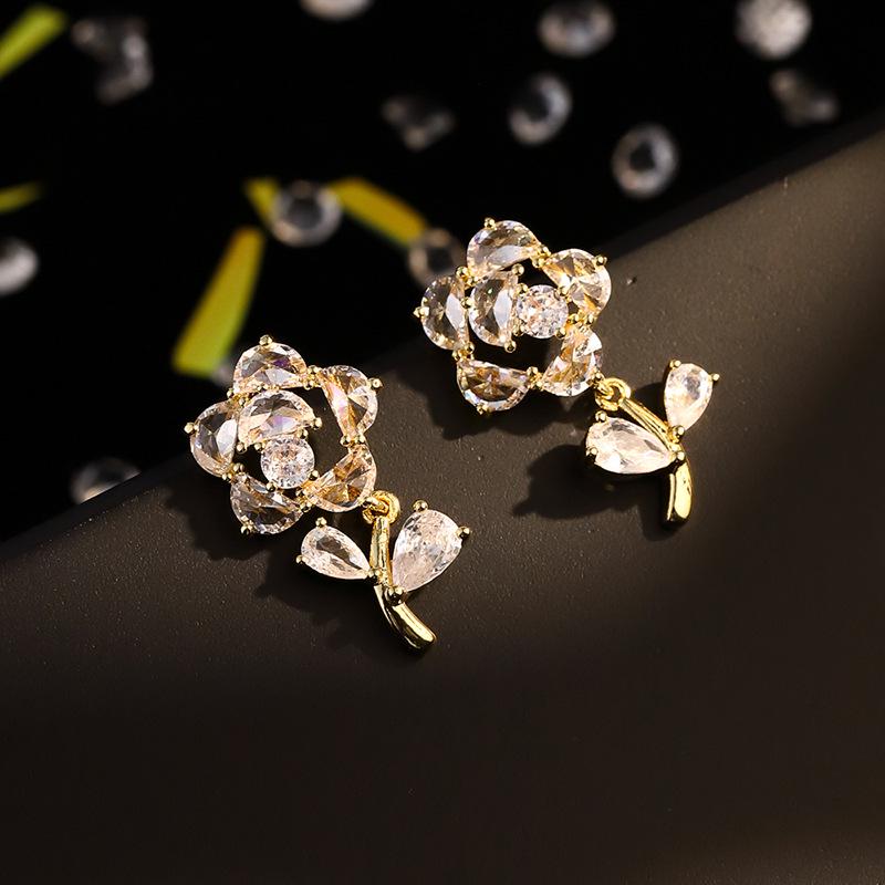 Fresh Rose Flower Tassel Earrings with Zircon Details and s925 Silver Needle - Korean Style Studs for Girls