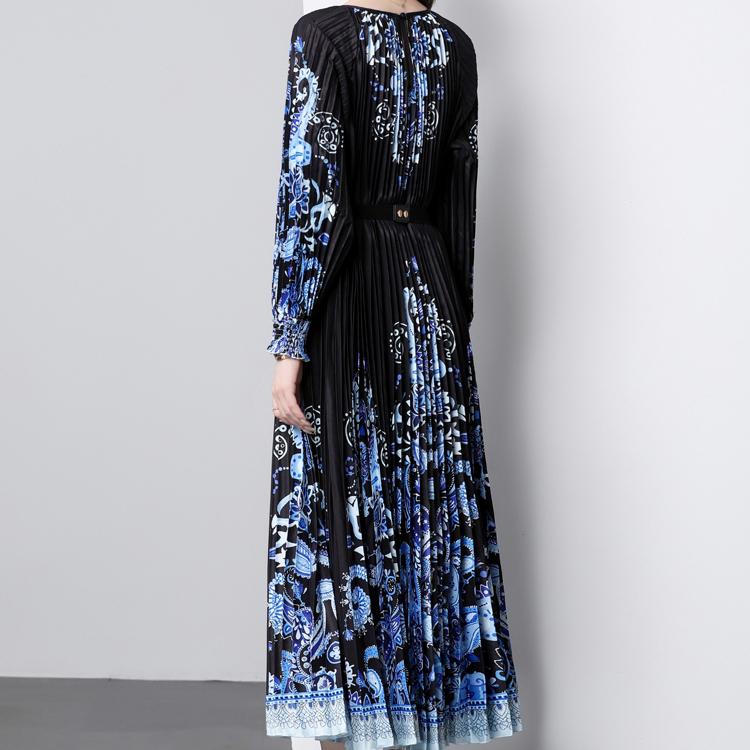 Autumn Women Vintage Print Designer Loose Runway Robe Long Maxi Holiday Party Dresses with Belt