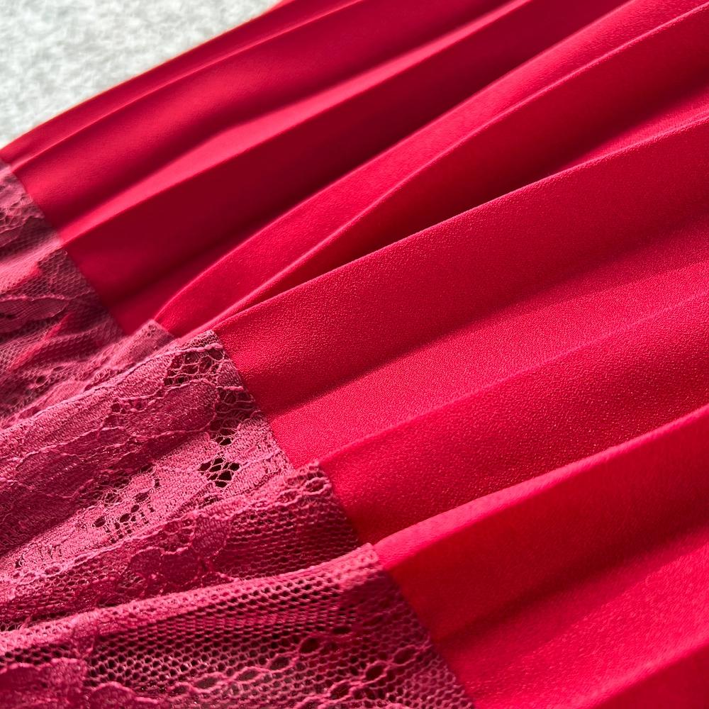 High-End Kleid für Damen im Herbst Französische Mode Spitze Langärmliges Patchwork Taillenbetonendes Plissiertes Langes Kleid