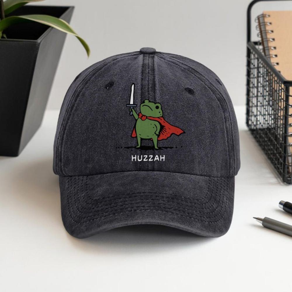 Huzzah Frog with Sword Cap Baseball Huzzah Frog Knight Printed Washed Cotton Hat Funny Unisex Quirky Cap Christmas Gift Adjustable