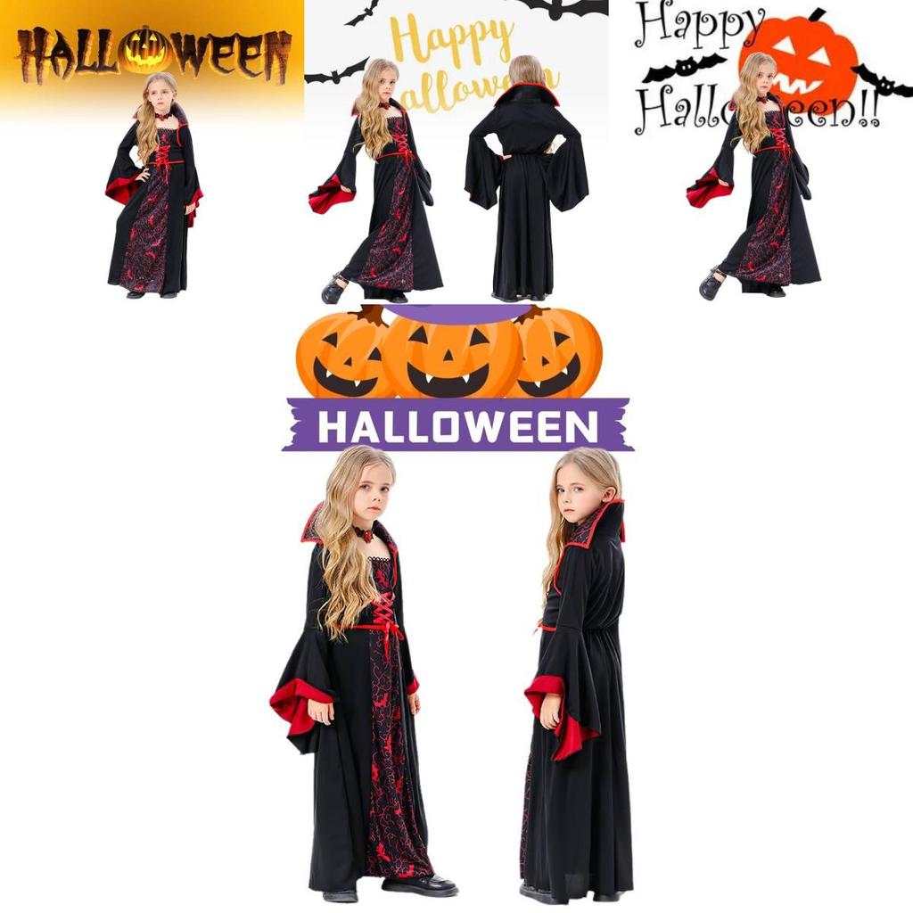 Spooky Halloween Witch Costume For Kids Black Polyester Scary Girl Party Outfit