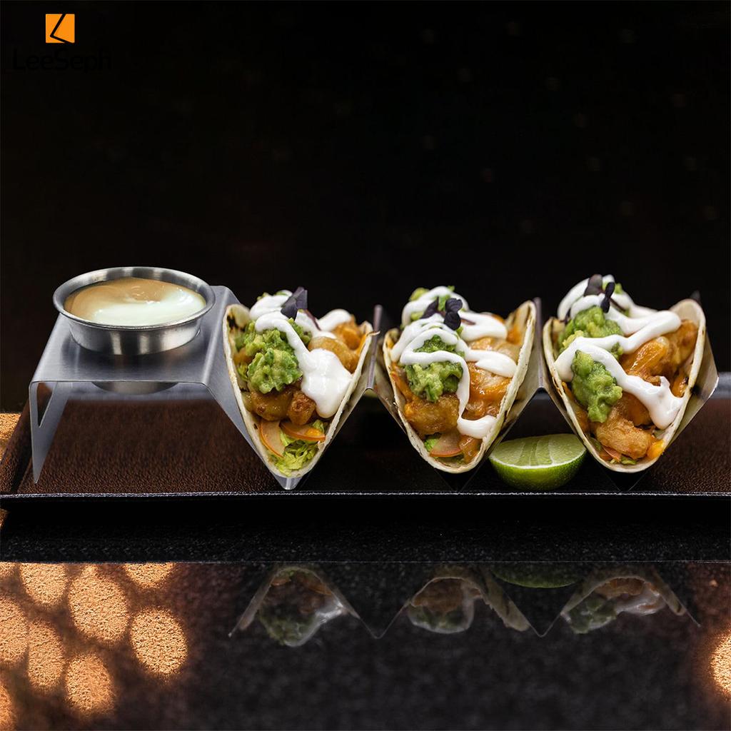 Leeseph Taco Holder Stand, Stainless Steel Taco Rack Tray with Condiment Cup, Taco Pancake Plate for Home Party Restaurant