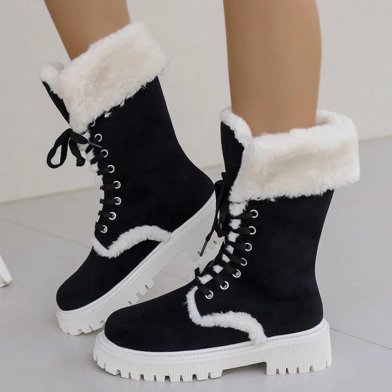 Women Winter Platform Faux Fur Ankle Boots Women Mid-Calf Lace-Up Thicken Plush  Warm Snow Boots Thickened Cotton Women Shoes