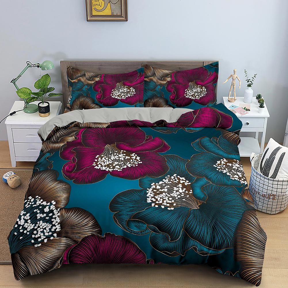 Tropické květy King Queen Ložní souprava Barevný Vintage Květinový Povlak na přikrývku Zelené listy Povlak na přikrývku Polyesterový Povlak na peřinu