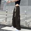 Sokak Giyimi Kadın Büyük Boy Düz Kargo Pantolon Elastik Bel Bağcıklı Gevşek Harajuku Hip Hop Rahat Geniş Bacak Spor Pantolonu