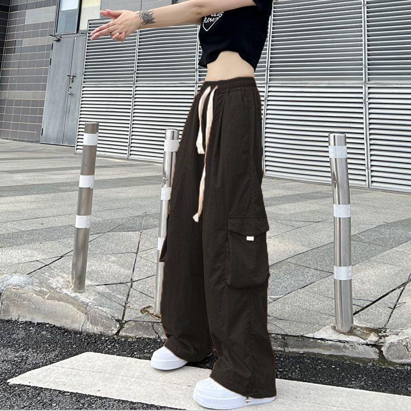 Sokak Giyimi Kadın Büyük Boy Düz Kargo Pantolon Elastik Bel Bağcıklı Gevşek Harajuku Hip Hop Rahat Geniş Bacak Spor Pantolonu