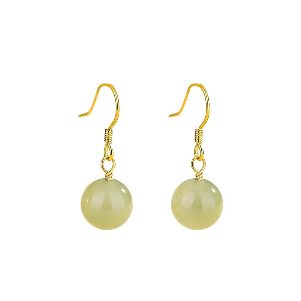 Tichiya Hetian Jade Round Bead Earrings for Women: S925 Sterling Silver, New Chinese Style, High-End Temperament Ear Hooks.