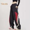 Women Pants Elastic High Waist Adjustable Drawstring Wide-Leg Vertical Stripe Stitching Pants Retro Street Style Sport Trousers