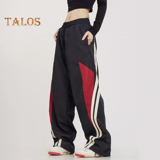 Women Pants Elastic High Waist Adjustable Drawstring Wide-Leg Vertical Stripe Stitching Pants Retro Street Style Sport Trousers