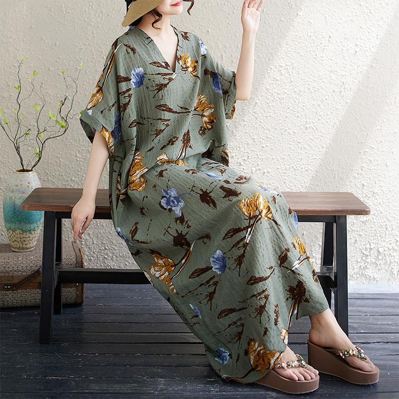 

Летнее тонкое хлопково-льняное платье с V-образным вырезом, большого размера, свободное, в литературном стиле, для отдыха, ветровка, пляжная юбка, ретро, скрывающее недостатки фигуры, длинная роба Large size average size