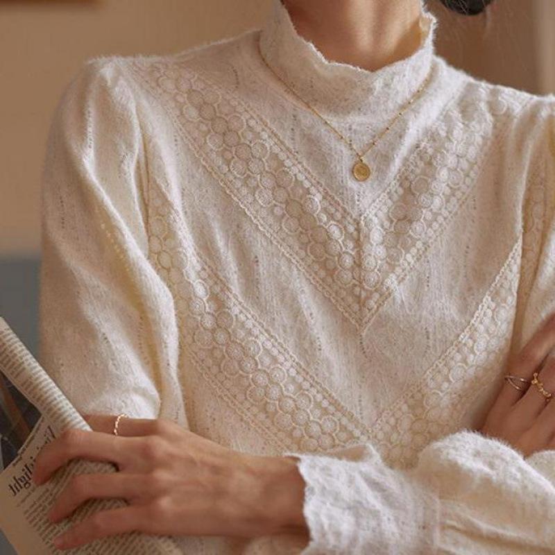 Chemisier de style cour française à col semi-haut et base en dentelle brossée pour femmes, haut de superposition intérieure pour l'automne et l'hiver