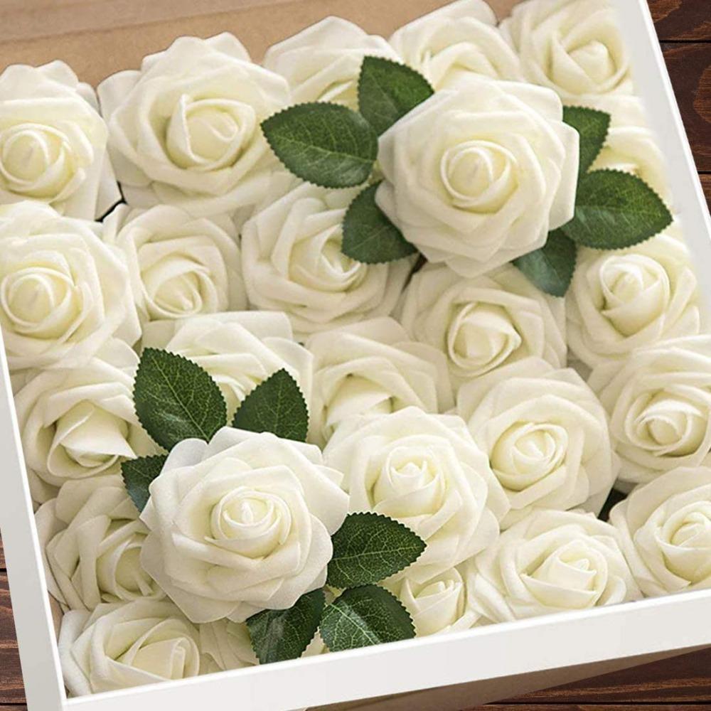 25PCS Lifelike Foam Artificial Flowers with Stems Boxed Fake Roses Floral Arrangements DIY Bouquets Home Decoration