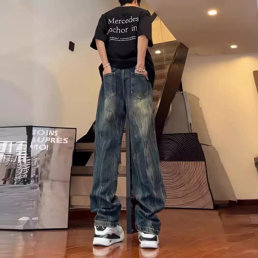 Big ripped jeans men's summer American high street thin high-end design loose wide-leg dad nine-point pants