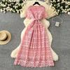 Spring Dress New French High-end Round Neck Short Sleeve Waist Hollow Crochet Lace Elegant Long Dress