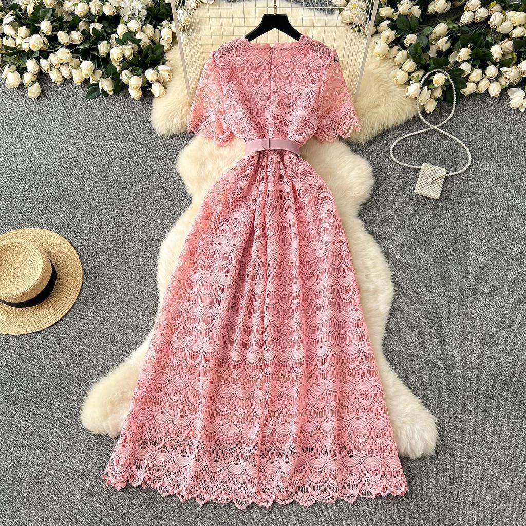 Spring Dress New French High-end Round Neck Short Sleeve Waist Hollow Crochet Lace Elegant Long Dress