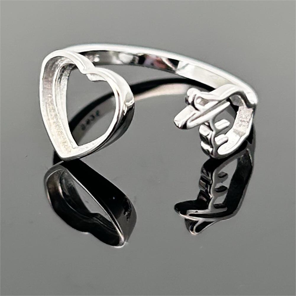 

S925 Sterling Silver Ring with Heart-Shaped Garnet and Gemstones - DIY Inlaid Band Setting Adjustable